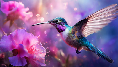Colorful hummingbird hovering near blooming flowerの素材
