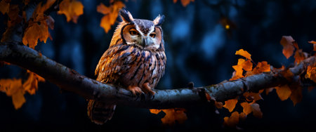 Long-eared owl perched on a branch in twilightの素材