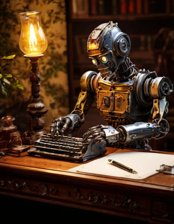 Retro robot typing on an antique typewriter in a dimly lit studyの素材