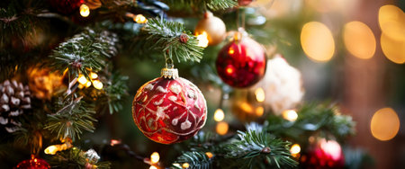 Festive Christmas tree with red ornament and warm lightsの素材