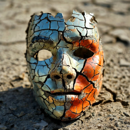 Cracked and weathered mask on dry groundの素材