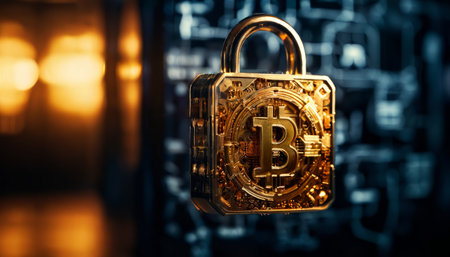 Bitcoin symbol on a golden lock representing security in digital financeの素材
