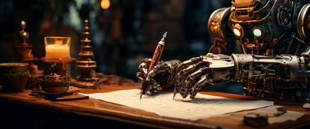 Robotic hand writing in a vintage setting with intricate detailsの素材