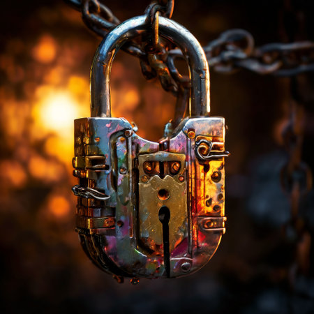 Rusted and ornate padlock secured with heavy chainsの素材