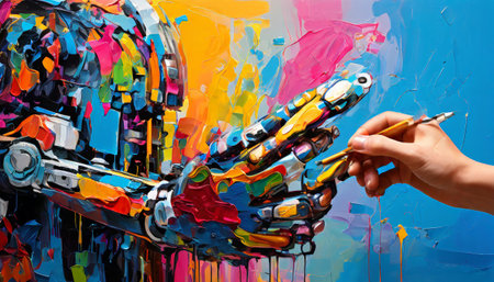 Vibrant paintbrush creating colorful robot artworkの素材