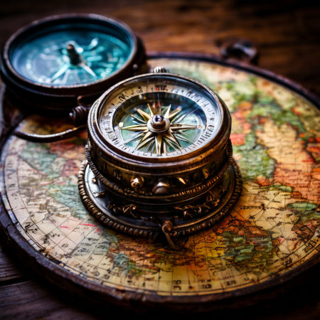 Vintage compass on an ancient world mapの素材