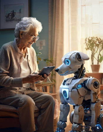 Elderly woman interacting with a robot dog at homeの素材