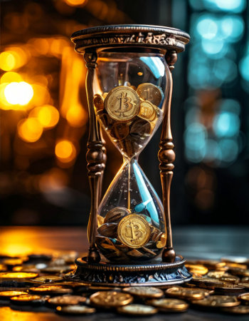 Hourglass filled with Bitcoin coins symbolizing digital wealthの素材