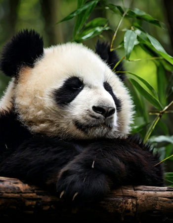 Giant panda resting in a bamboo forestの素材
