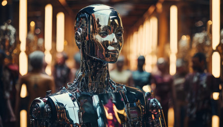 Futuristic silver humanoid robot in a technology showroomの素材