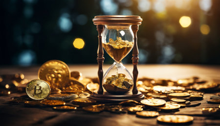 Hourglass filled with Bitcoin coins symbolizing time and investmentの素材