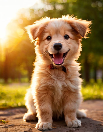 Adorable golden retriever puppy smiling in a sunlit parkの素材
