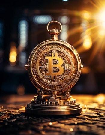 Golden Bitcoin symbol within an ornate timepieceの素材