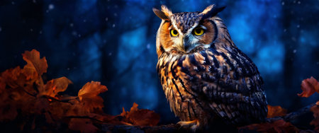 Majestic owl perched in a dark forestの素材