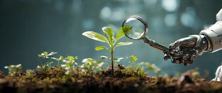 Robotic hand examining plant growth with a magnifying glassの素材