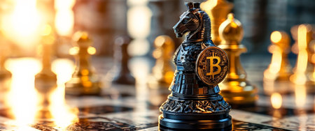 Bitcoin-themed chess piece in a strategic settingの素材