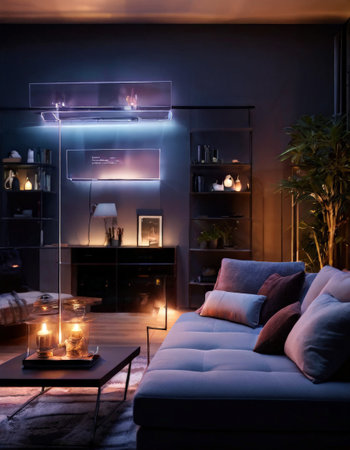 Cozy modern living room with warm lighting and stylish decorの素材