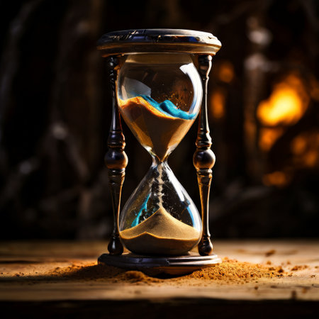 Hourglass with blue sand on rustic wooden tableの素材