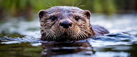 Close-up of curious otter swimming in calm waterの素材
