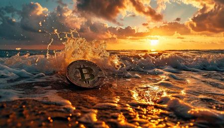 Bitcoin coin on a beach with waves crashing during sunsetの素材