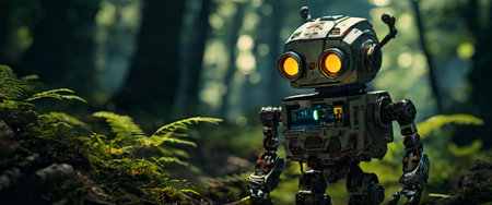 Vintage-inspired robot exploring a forest environmentの素材