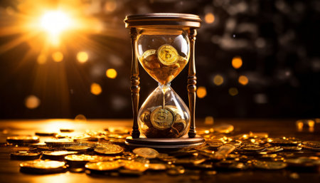 Bitcoin coins in hourglass symbolizing time and investmentの素材