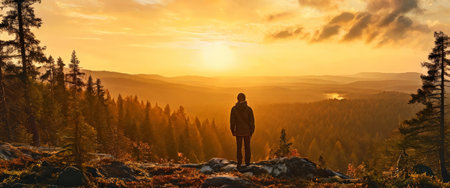 Person overlooking a vast forest at sunrise from a mountaintopの素材