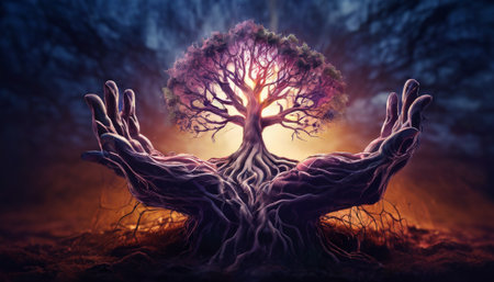 Tree of life in hands, symbolizing nature and protectionの素材