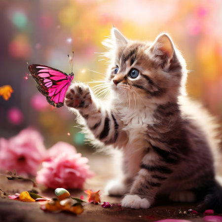 Kitten interacting with butterfly in magical floral settingの素材