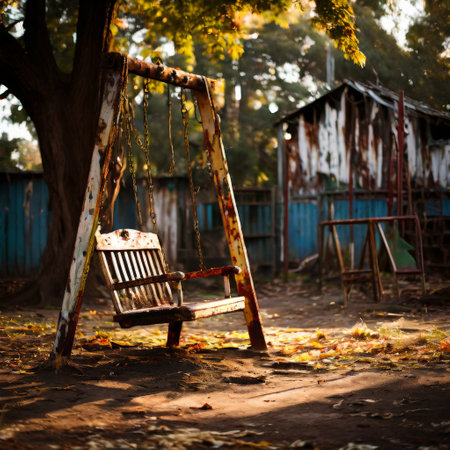 Old rusty swing in abandoned playground under autumn lightの素材