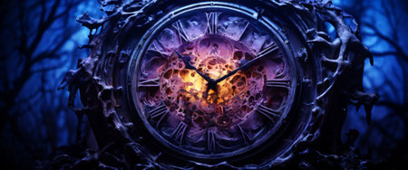 Enchanted clock in a mysterious forest glowing with warm lightの素材