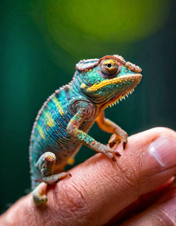 Vibrant chameleon perched on human handの素材