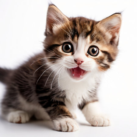 Playful kitten meowing on white backgroundの素材