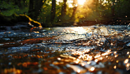 Close-up of water splashing in a sunlit forest streamの素材