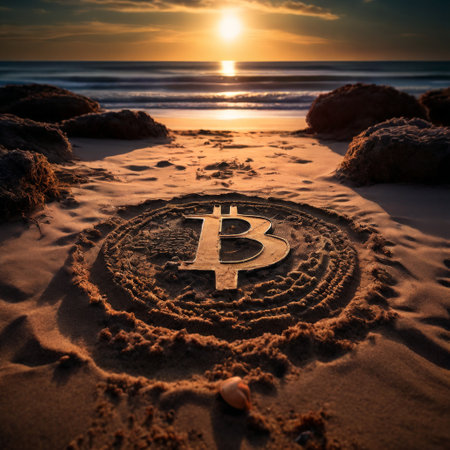 Bitcoin symbol carved into sand on a beach at sunsetの素材