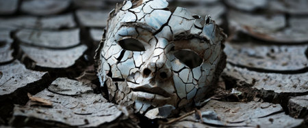 Cracked mask emerging from parched earth in a haunting landscapeの素材