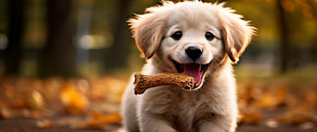Playful golden retriever puppy with a chew toy in autumnの素材