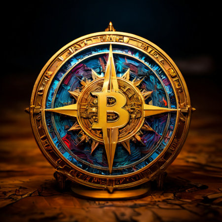Bitcoin compass symbol representing direction in digital financeの素材