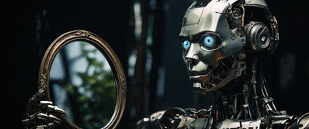 Humanoid robot reflecting on itself in an ornate mirrorの素材