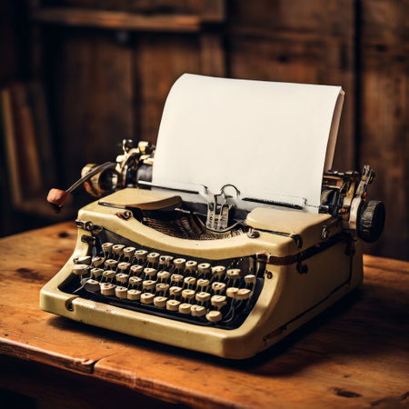 Vintage typewriter with blank paper on rustic wooden deskの素材