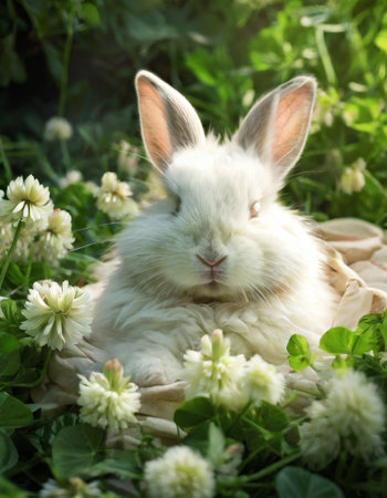 Fluffy white rabbit surrounded by clover flowers in sunlightの素材