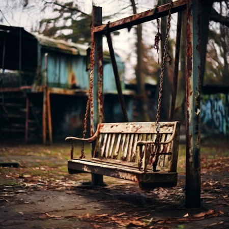 Abandoned swing in a dilapidated playgroundの素材