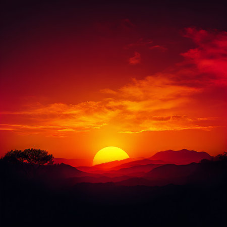 Fiery Sunset Over Mountain Range Silhouetteの素材