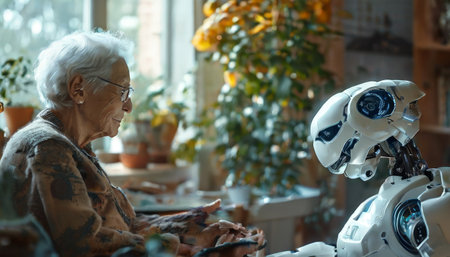 Elderly woman interacting with humanoid robot in a cozy roomの素材