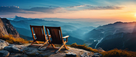 Two chairs overlooking mountain landscape at sunriseの素材