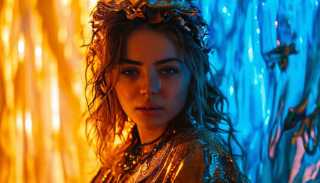 Portrait of a woman in futuristic lighting with vibrant colorsの素材