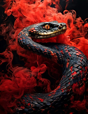 Close-up of snake with black scales and red smokeの素材