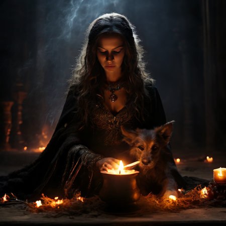 Woman practicing witchcraft with dog in dark roomの素材