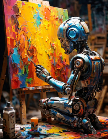 Robot artist painting a colorful abstract canvasの素材
