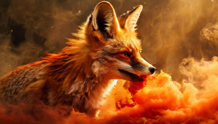 Fiery fox surrounded by glowing orange smokeの素材